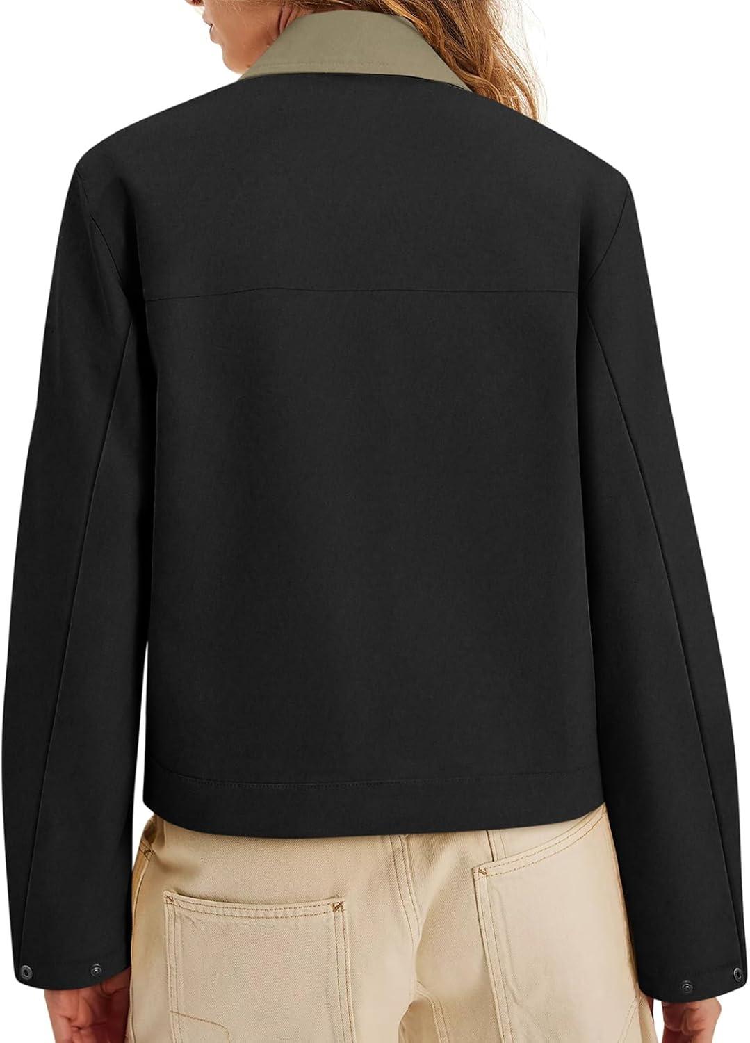 imageWomens Faux Suede Cropped Jacket Casual Zip Up Jackets Contrast Collar Fleece Winter Coats Outerwear with PocketsBlack