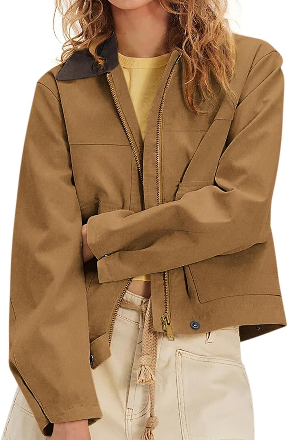 imageWomens Faux Suede Cropped Jacket Casual Zip Up Jackets Contrast Collar Fleece Winter Coats Outerwear with PocketsBrown
