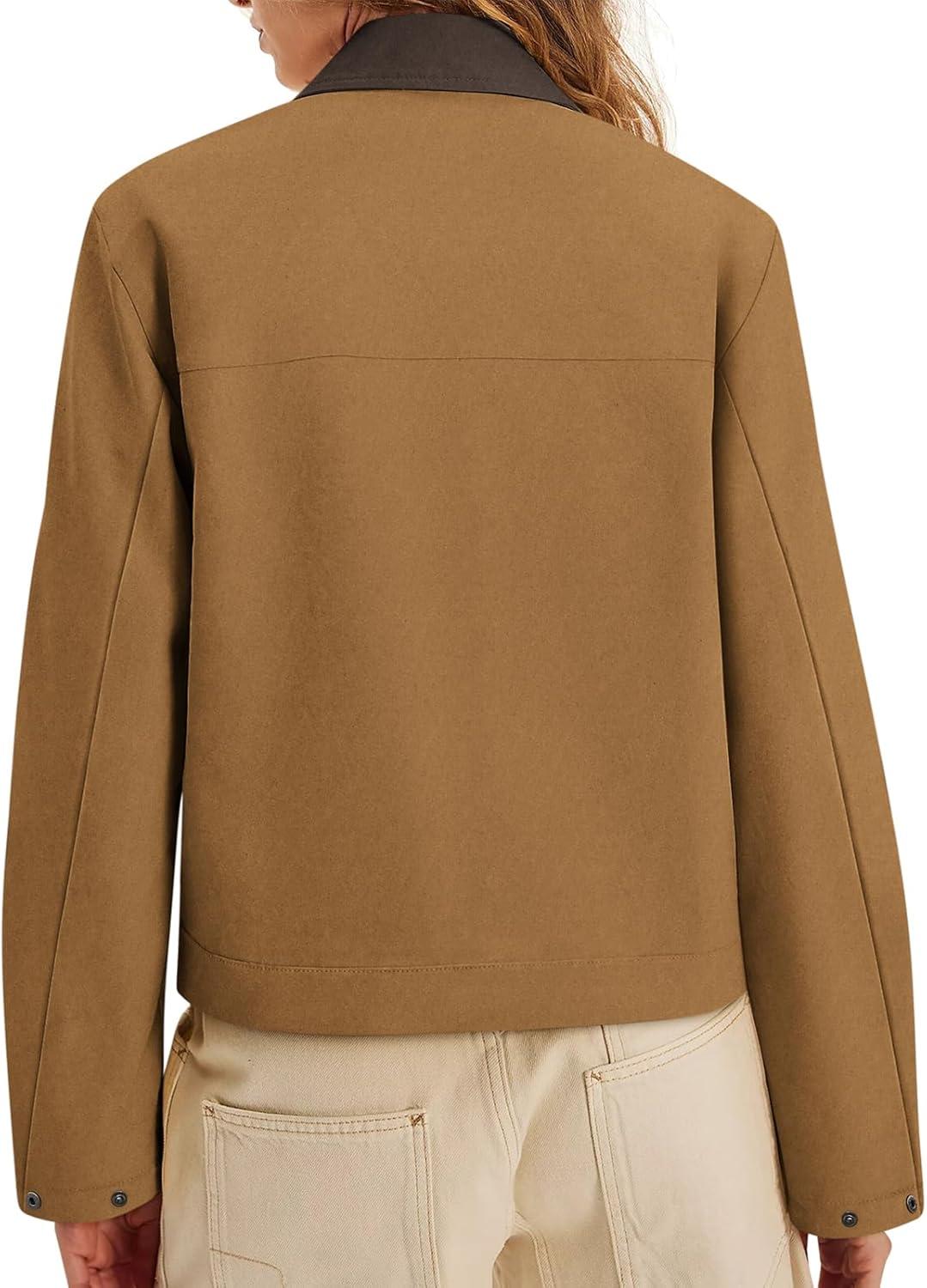 imageWomens Faux Suede Cropped Jacket Casual Zip Up Jackets Contrast Collar Fleece Winter Coats Outerwear with PocketsBrown