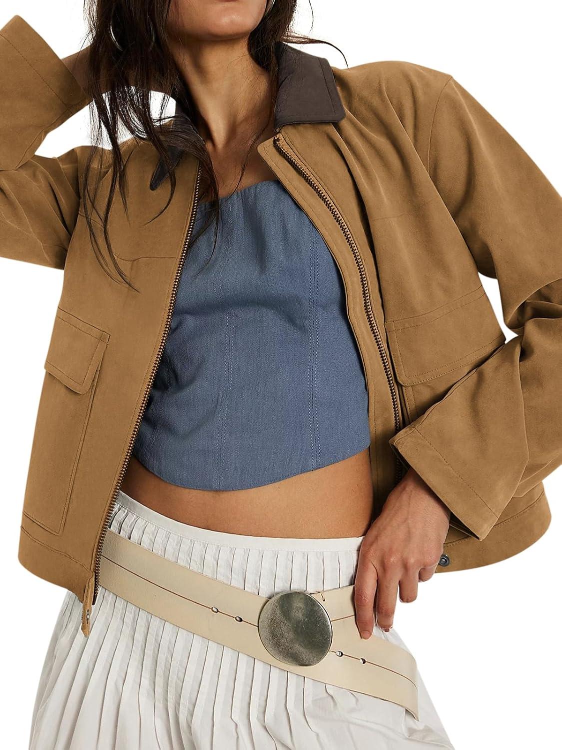 imageWomens Faux Suede Cropped Jacket Casual Zip Up Jackets Contrast Collar Fleece Winter Coats Outerwear with PocketsBrown