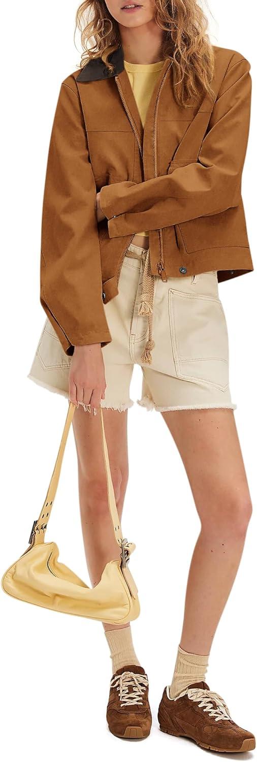 imageWomens Faux Suede Cropped Jacket Casual Zip Up Jackets Contrast Collar Fleece Winter Coats Outerwear with PocketsDark Brown