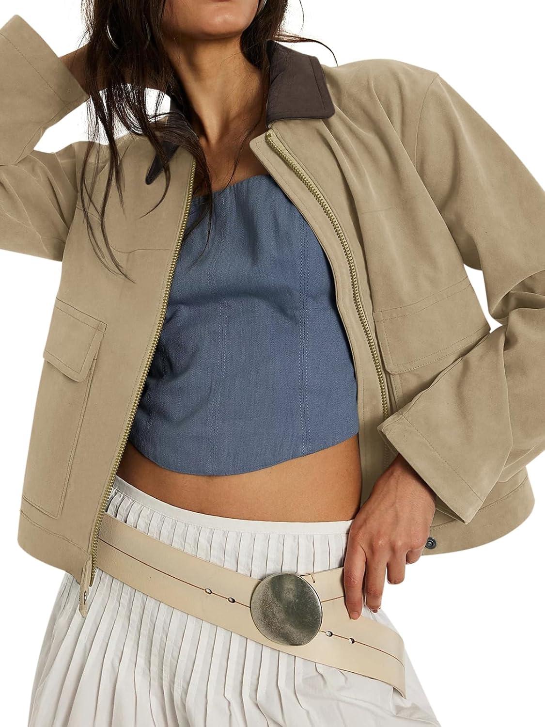 imageWomens Faux Suede Cropped Jacket Casual Zip Up Jackets Contrast Collar Fleece Winter Coats Outerwear with PocketsKhaki