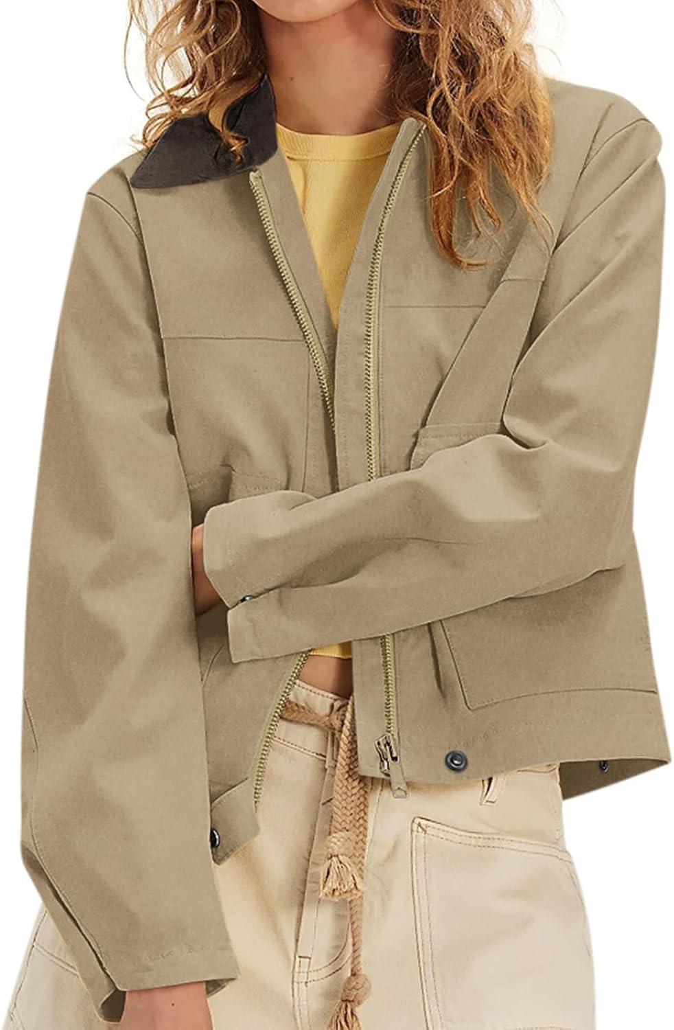 imageWomens Faux Suede Cropped Jacket Casual Zip Up Jackets Contrast Collar Fleece Winter Coats Outerwear with PocketsKhaki