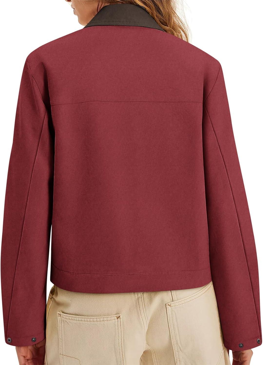 imageWomens Faux Suede Cropped Jacket Casual Zip Up Jackets Contrast Collar Fleece Winter Coats Outerwear with PocketsRed
