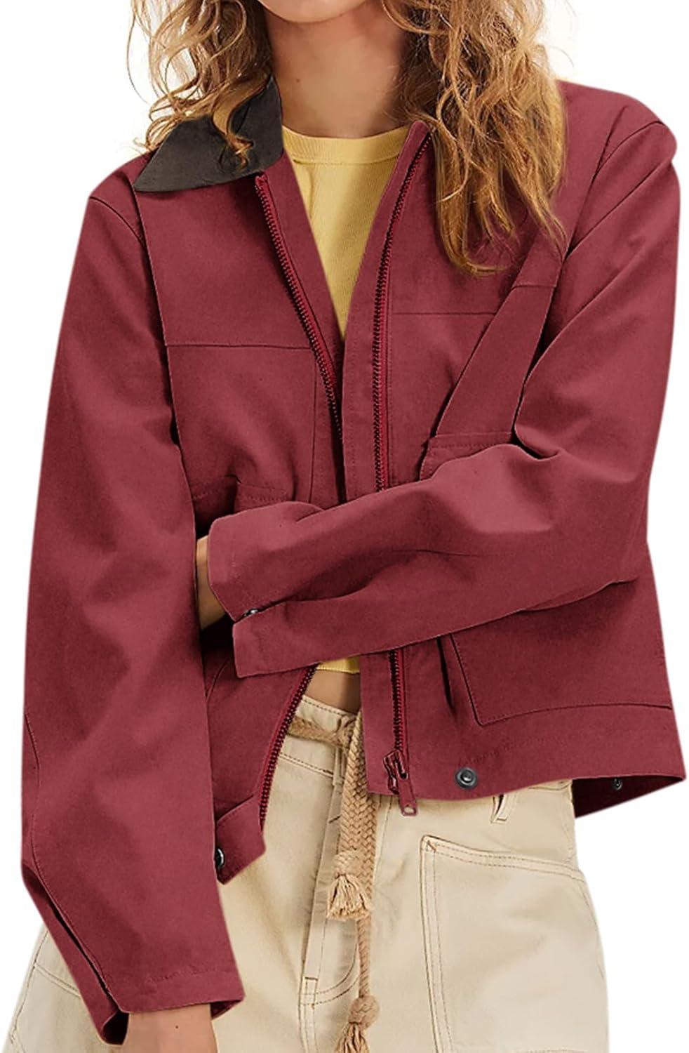 imageWomens Faux Suede Cropped Jacket Casual Zip Up Jackets Contrast Collar Fleece Winter Coats Outerwear with PocketsRed