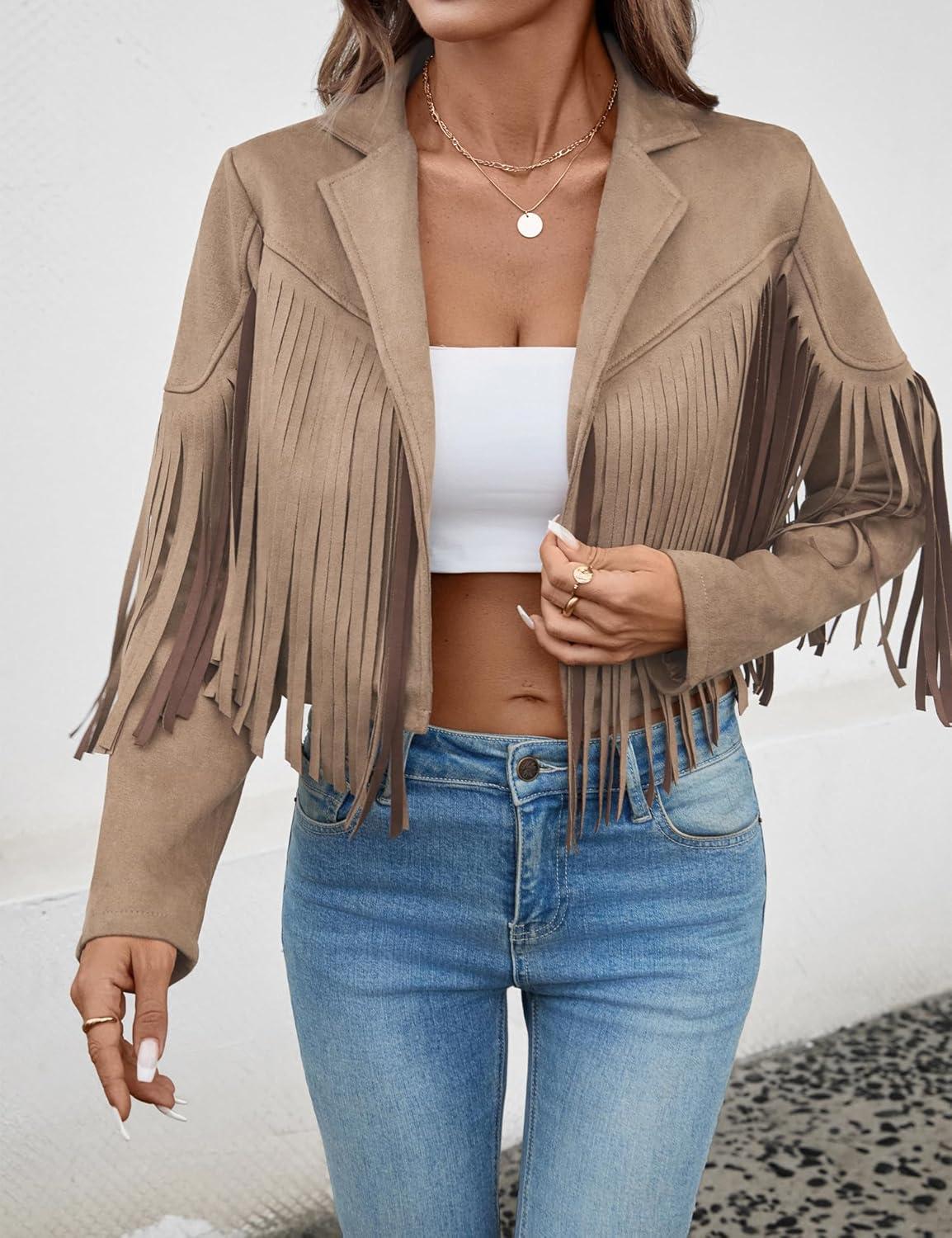imageWomens Faux Suede Leather Tassel Jackets With Lining Cropped Fringe Coats For Women 2025 Fall Fashion Must HavesApricot