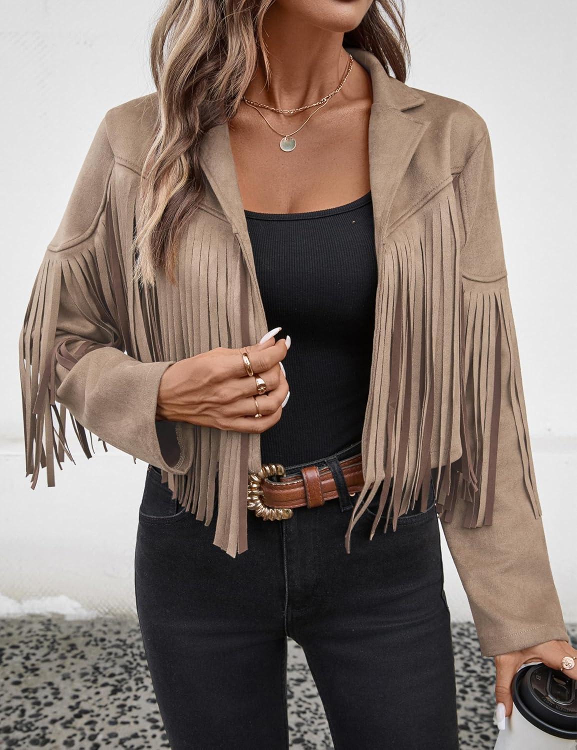 imageWomens Faux Suede Leather Tassel Jackets With Lining Cropped Fringe Coats For Women 2025 Fall Fashion Must HavesApricot