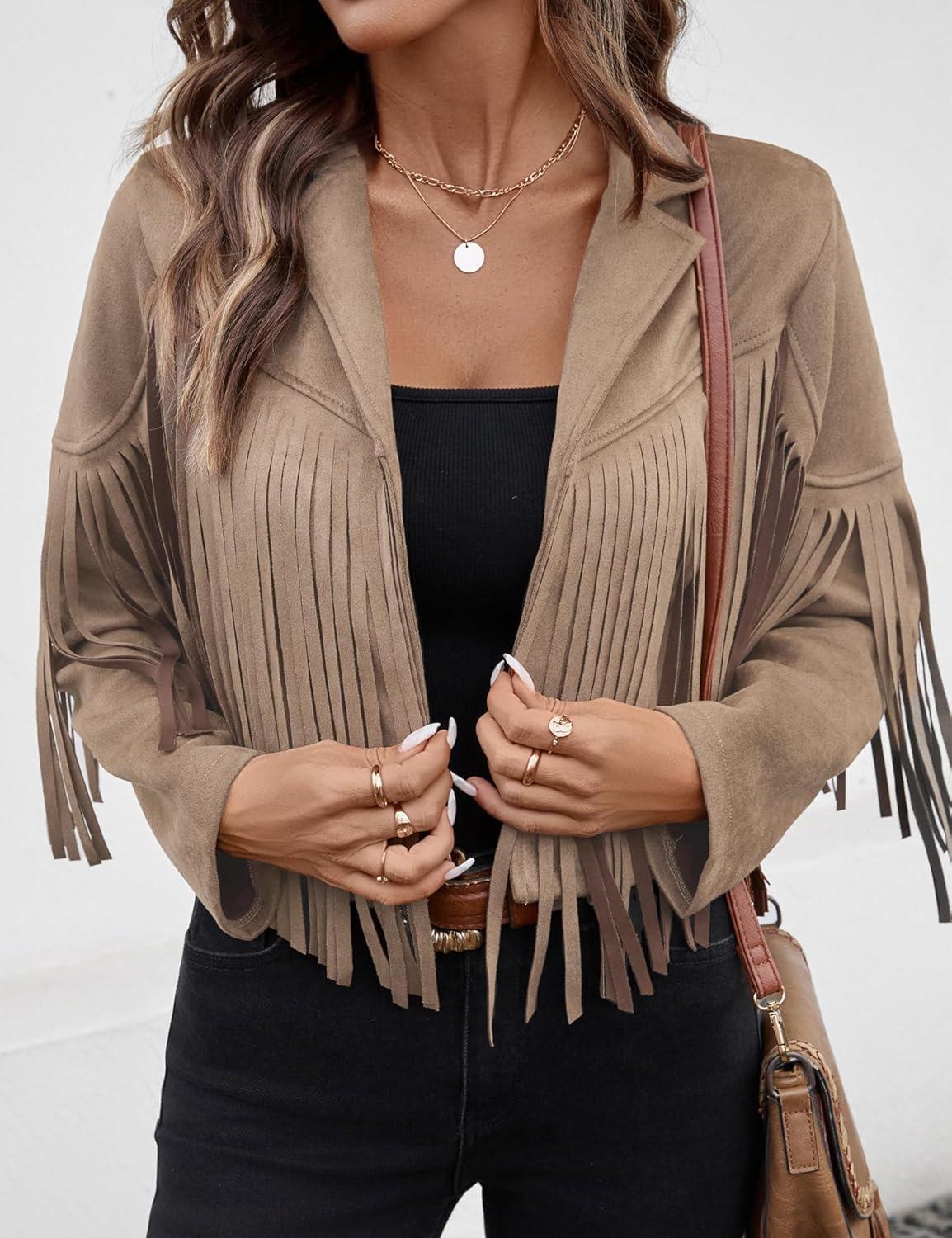 imageWomens Faux Suede Leather Tassel Jackets With Lining Cropped Fringe Coats For Women 2025 Fall Fashion Must HavesApricot