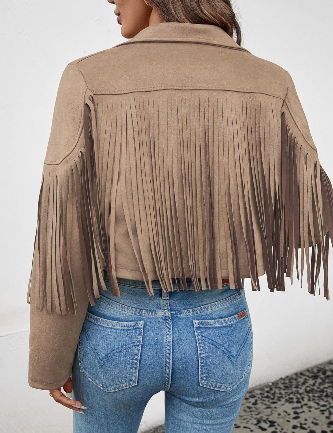 imageWomens Faux Suede Leather Tassel Jackets With Lining Cropped Fringe Coats For Women 2025 Fall Fashion Must HavesApricot