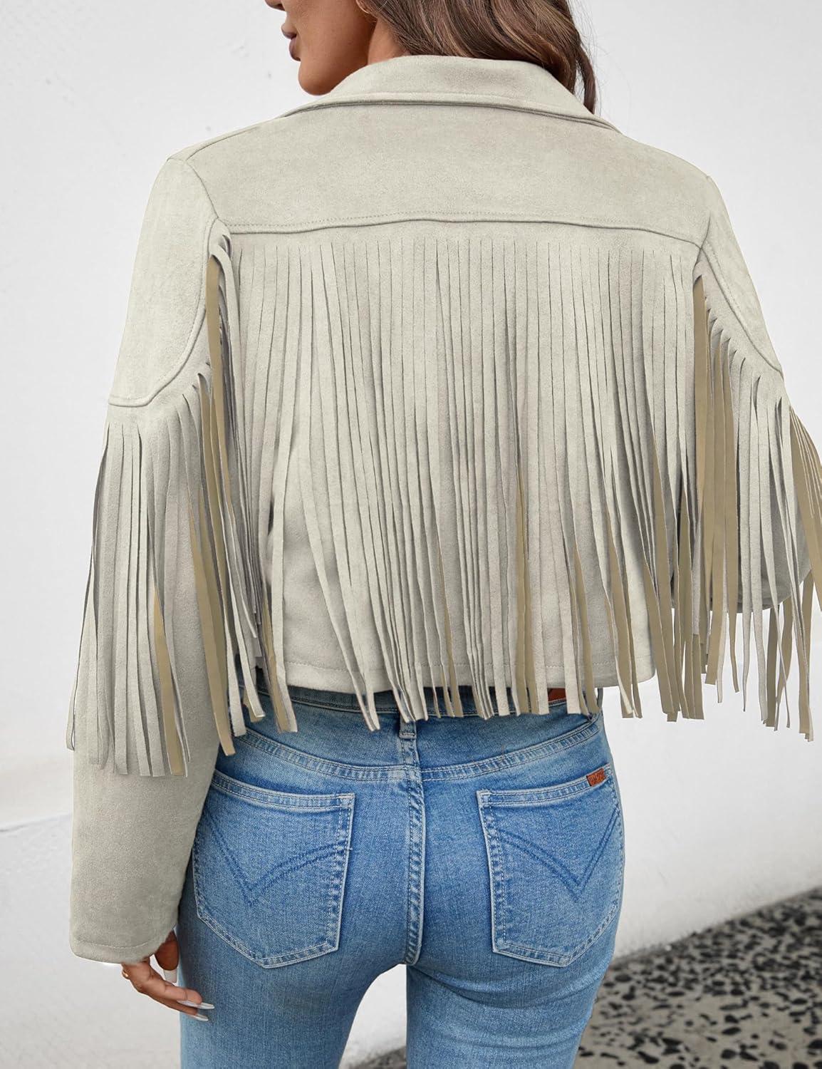 imageWomens Faux Suede Leather Tassel Jackets With Lining Cropped Fringe Coats For Women 2025 Fall Fashion Must HavesBeige