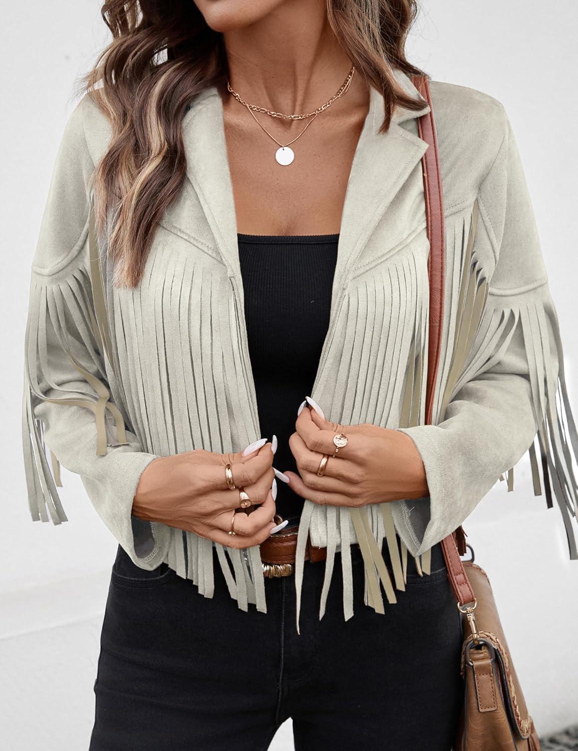 imageWomens Faux Suede Leather Tassel Jackets With Lining Cropped Fringe Coats For Women 2025 Fall Fashion Must HavesBeige