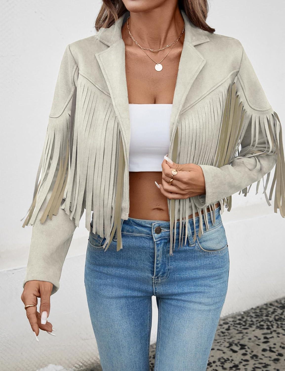 imageWomens Faux Suede Leather Tassel Jackets With Lining Cropped Fringe Coats For Women 2025 Fall Fashion Must HavesBeige