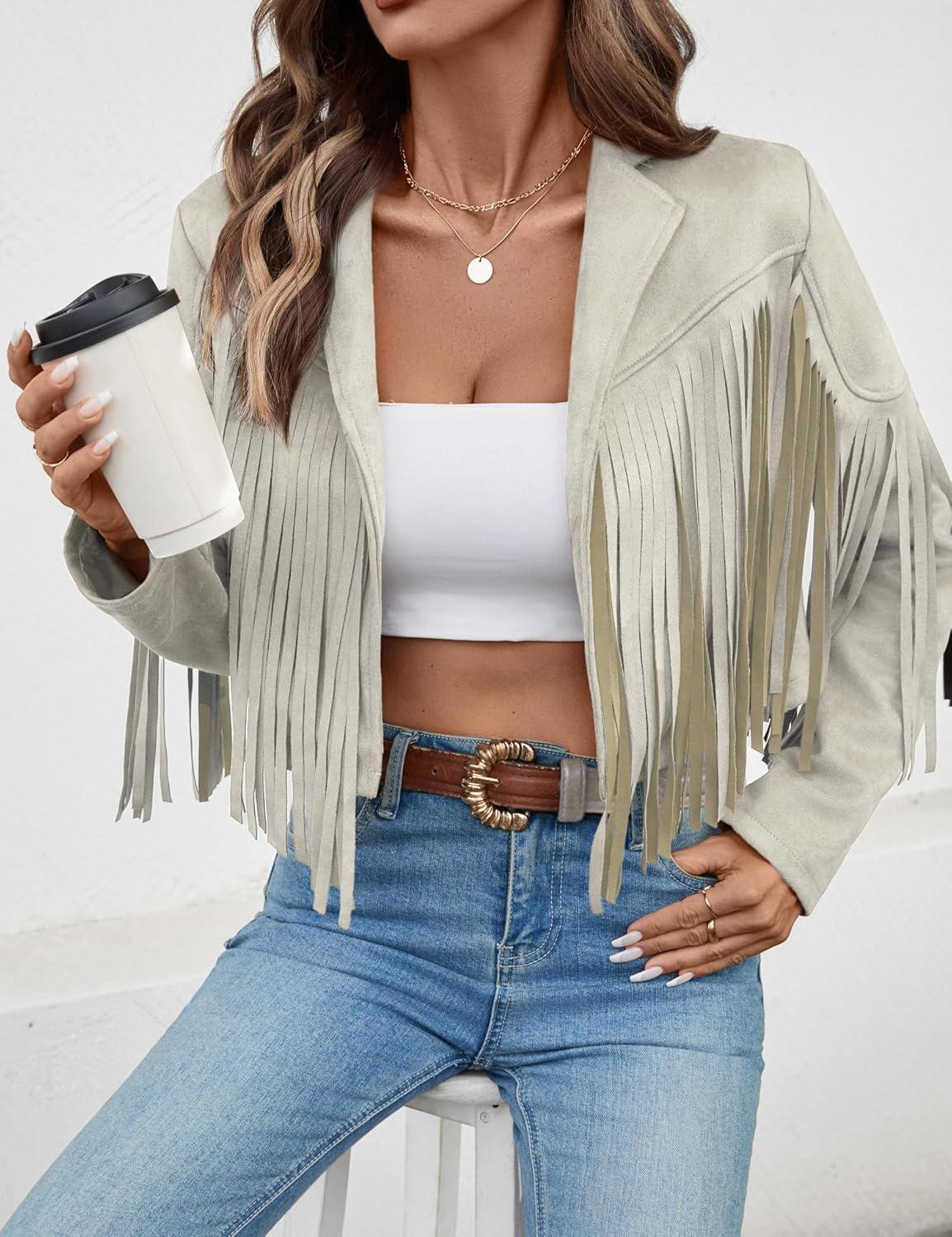 imageWomens Faux Suede Leather Tassel Jackets With Lining Cropped Fringe Coats For Women 2025 Fall Fashion Must HavesBeige