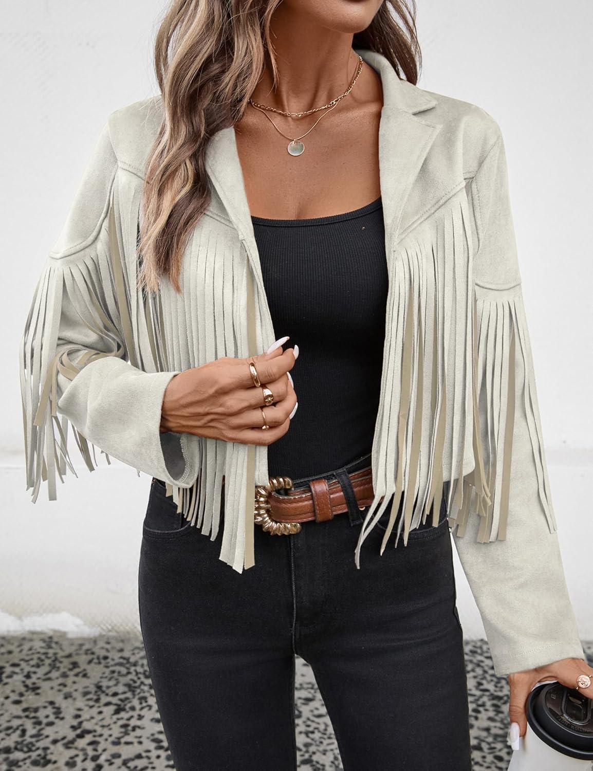 imageWomens Faux Suede Leather Tassel Jackets With Lining Cropped Fringe Coats For Women 2025 Fall Fashion Must HavesBeige