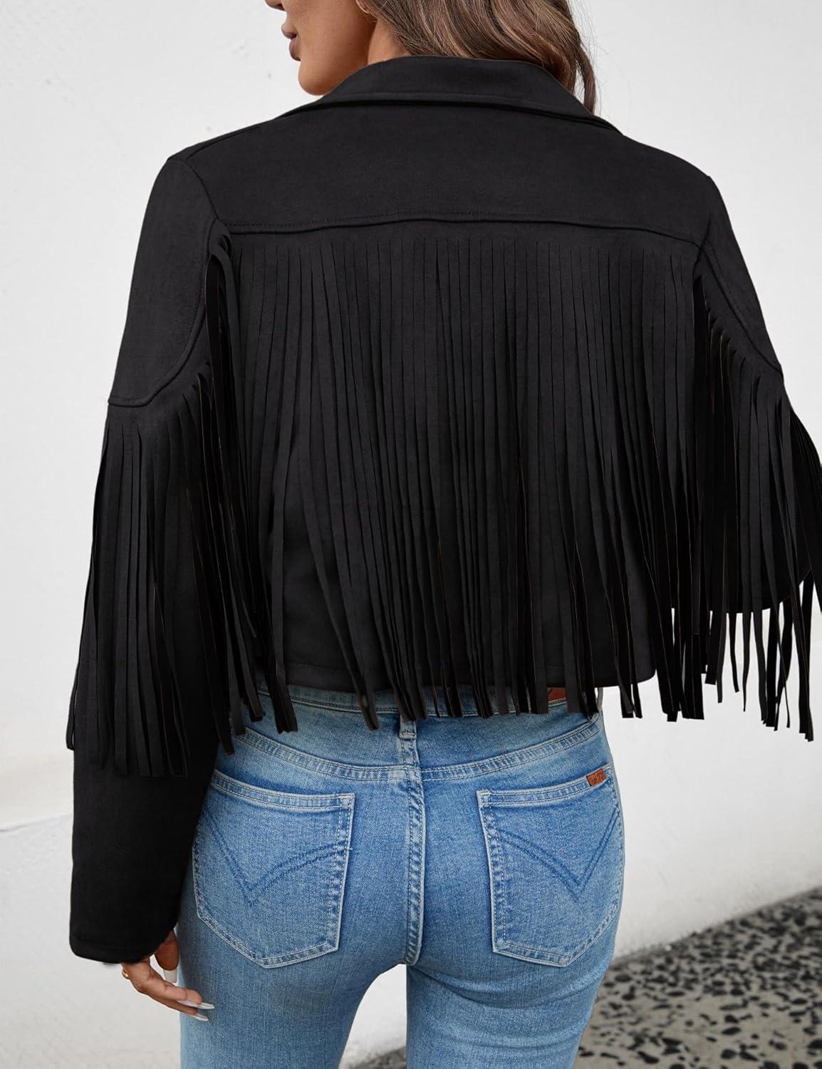 imageWomens Faux Suede Leather Tassel Jackets With Lining Cropped Fringe Coats For Women 2025 Fall Fashion Must HavesBlack