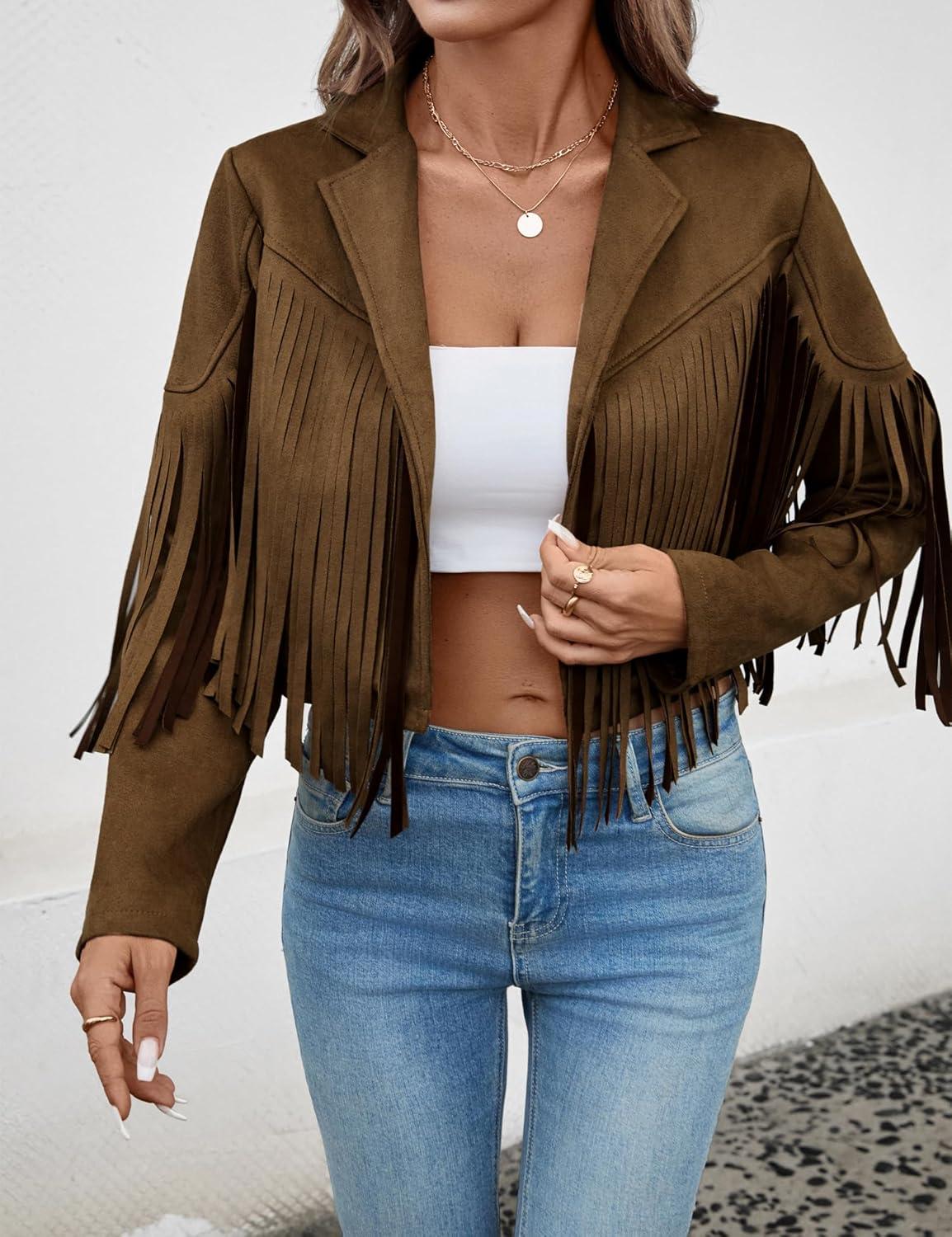 imageWomens Faux Suede Leather Tassel Jackets With Lining Cropped Fringe Coats For Women 2025 Fall Fashion Must HavesDark Brown