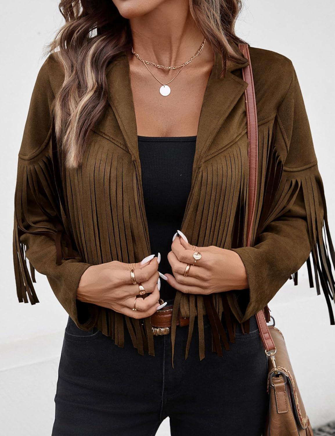 imageWomens Faux Suede Leather Tassel Jackets With Lining Cropped Fringe Coats For Women 2025 Fall Fashion Must HavesDark Brown