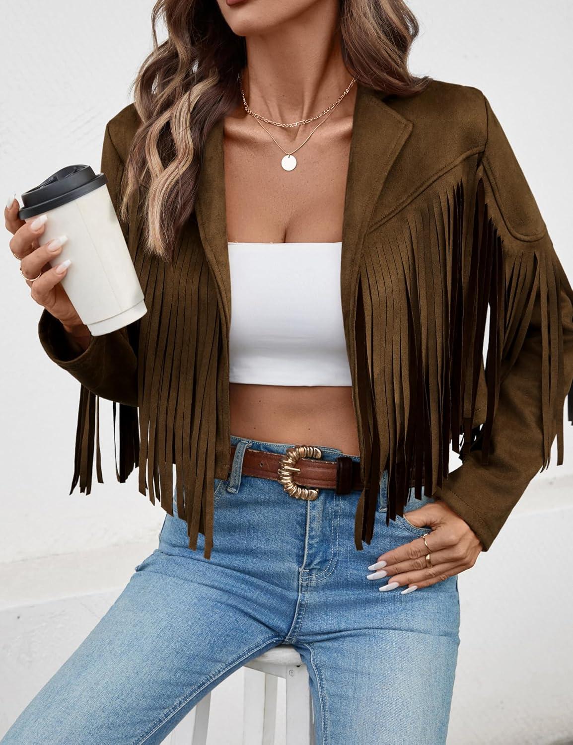 imageWomens Faux Suede Leather Tassel Jackets With Lining Cropped Fringe Coats For Women 2025 Fall Fashion Must HavesDark Brown