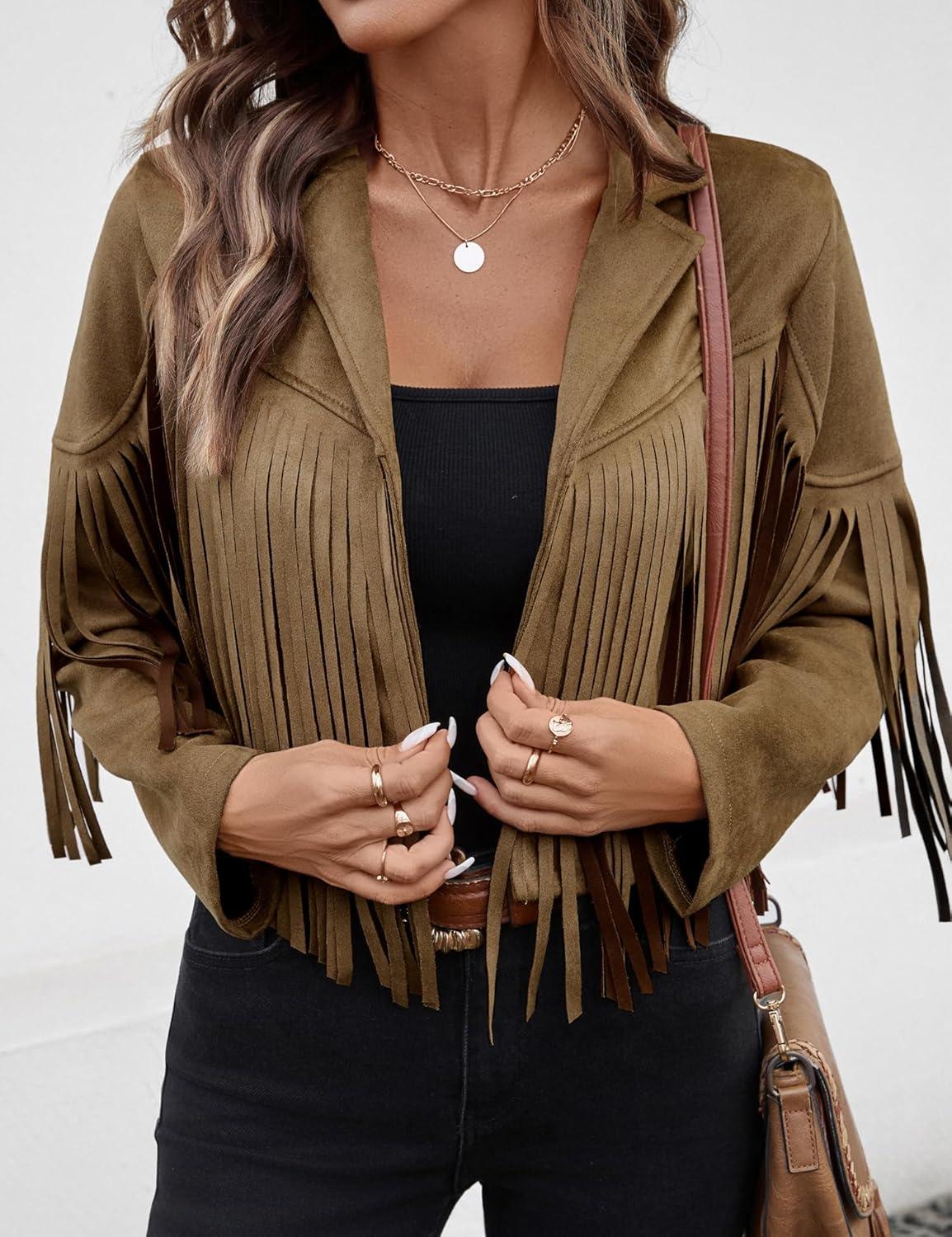 imageWomens Faux Suede Leather Tassel Jackets With Lining Cropped Fringe Coats For Women 2025 Fall Fashion Must HavesDark Khaki