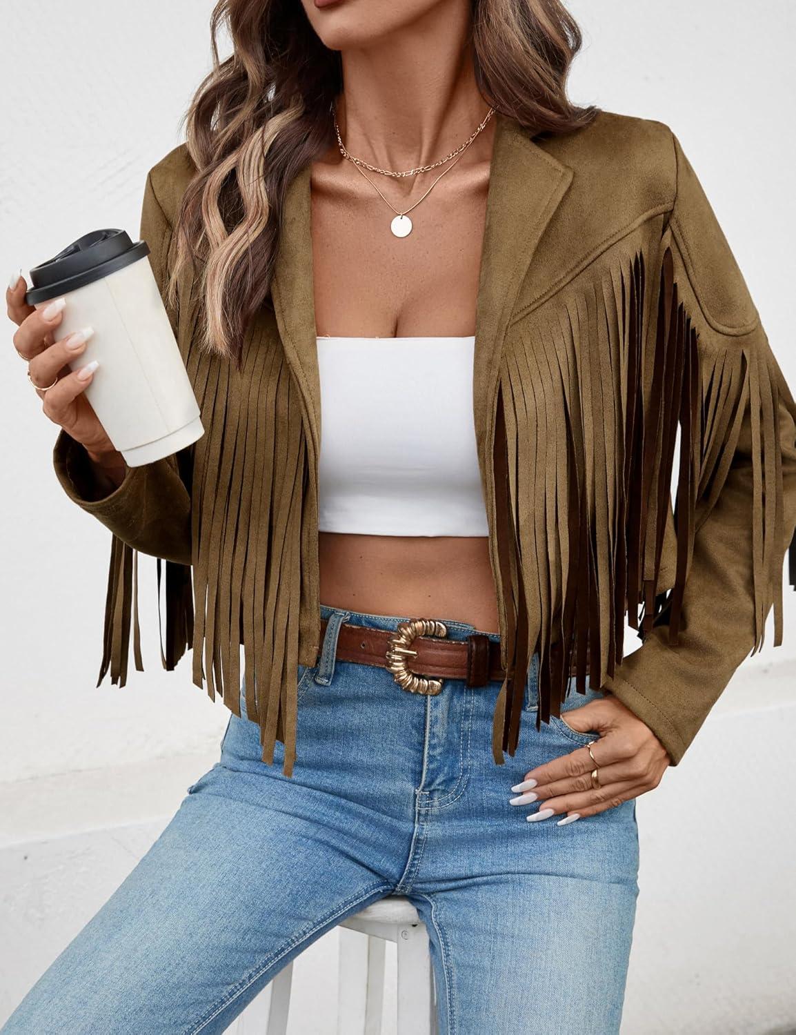 imageWomens Faux Suede Leather Tassel Jackets With Lining Cropped Fringe Coats For Women 2025 Fall Fashion Must HavesDark Khaki