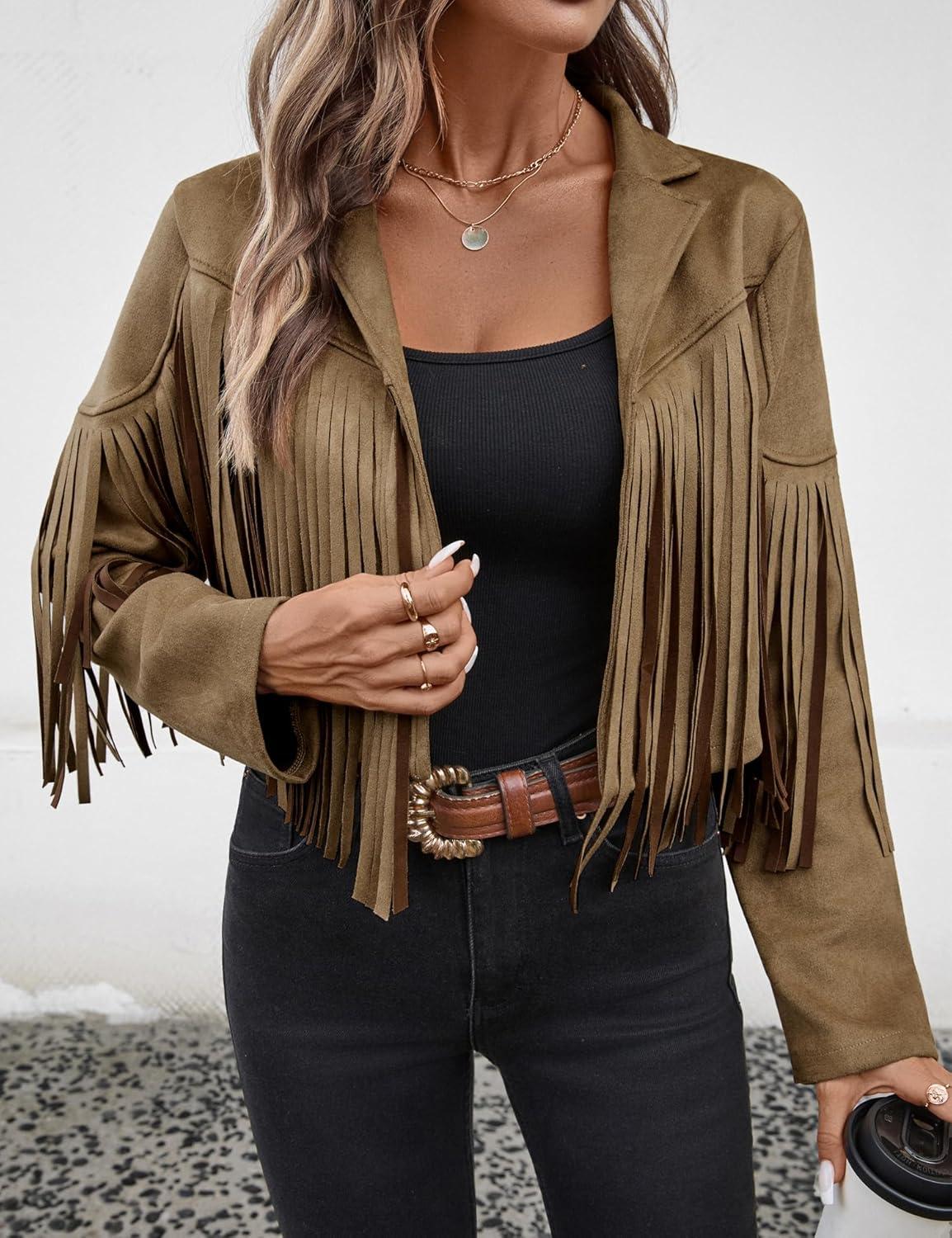imageWomens Faux Suede Leather Tassel Jackets With Lining Cropped Fringe Coats For Women 2025 Fall Fashion Must HavesDark Khaki