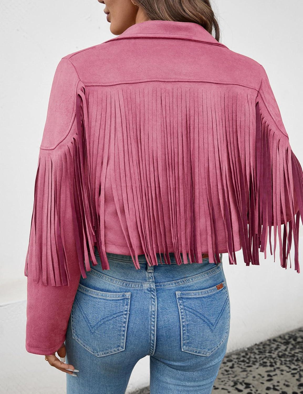 imageWomens Faux Suede Leather Tassel Jackets With Lining Cropped Fringe Coats For Women 2025 Fall Fashion Must HavesPink