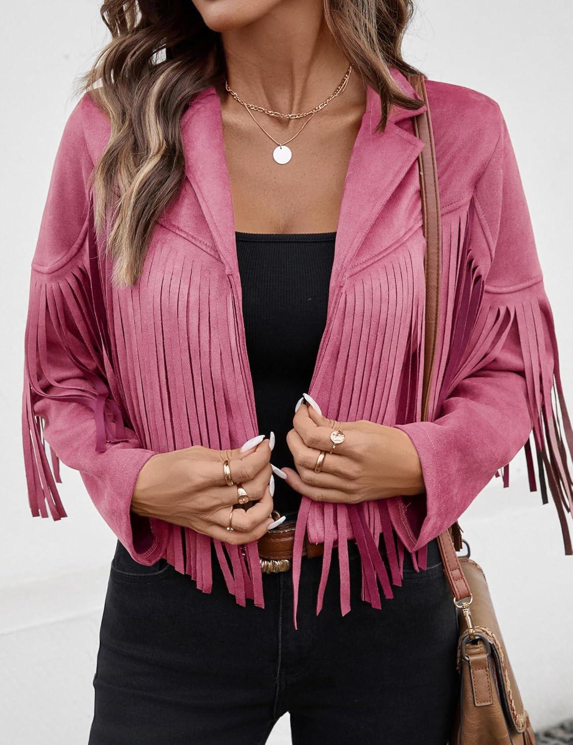 imageWomens Faux Suede Leather Tassel Jackets With Lining Cropped Fringe Coats For Women 2025 Fall Fashion Must HavesPink