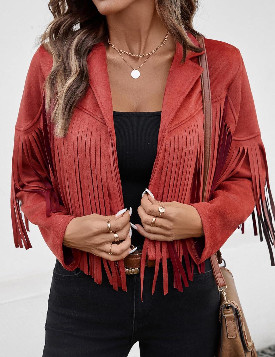 imageWomens Faux Suede Leather Tassel Jackets With Lining Cropped Fringe Coats For Women 2025 Fall Fashion Must HavesRed
