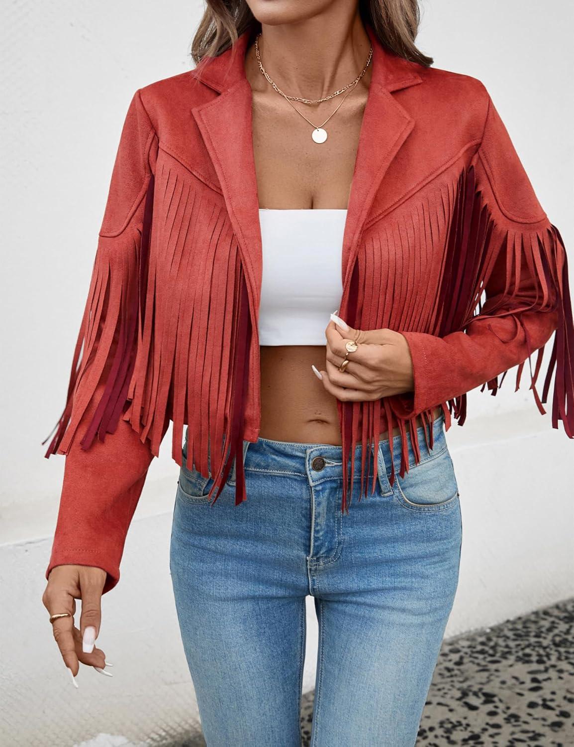 imageWomens Faux Suede Leather Tassel Jackets With Lining Cropped Fringe Coats For Women 2025 Fall Fashion Must HavesRed