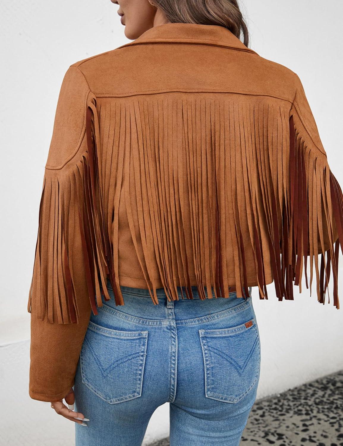 imageWomens Faux Suede Leather Tassel Jackets With Lining Cropped Fringe Coats For Women 2025 Fall Fashion Must HavesTan