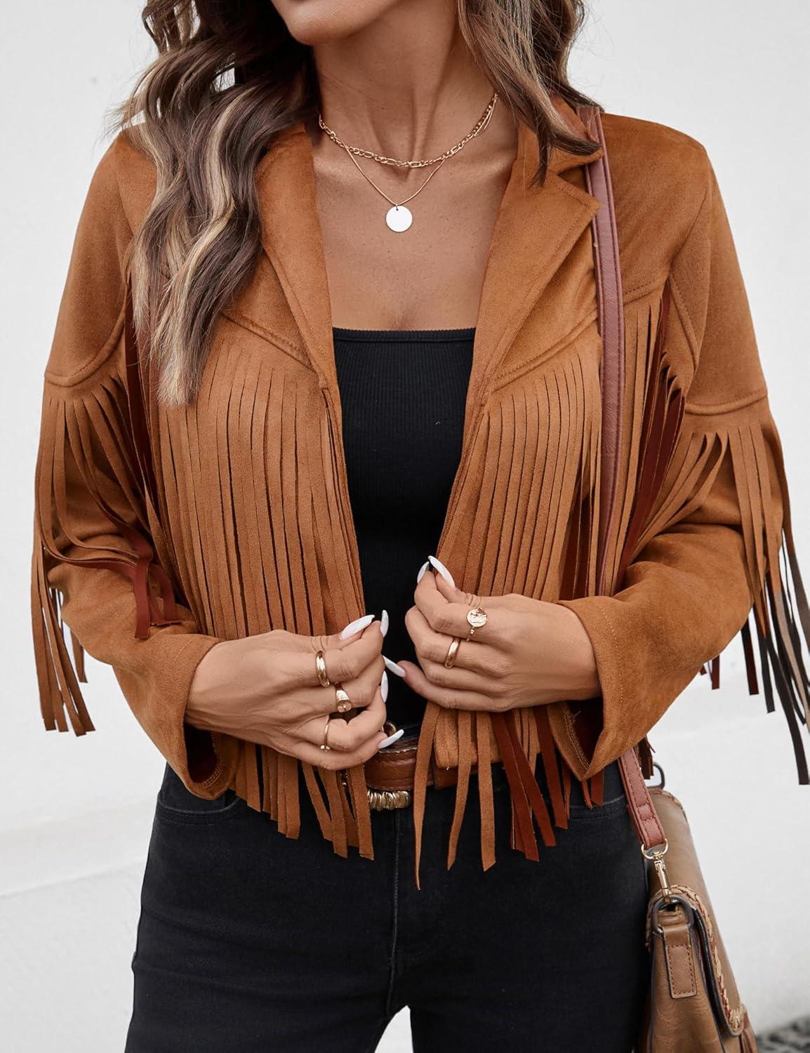 imageWomens Faux Suede Leather Tassel Jackets With Lining Cropped Fringe Coats For Women 2025 Fall Fashion Must HavesTan