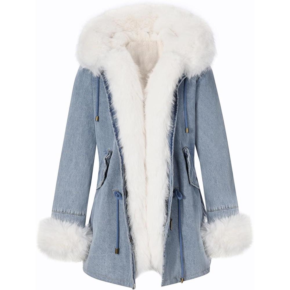 imageBellivera Women Twill Parka Jacket Winter Fashion Warm Long Hood Coat with Faux Fur CollarBeige Sherpa Fleece Jean Jackets