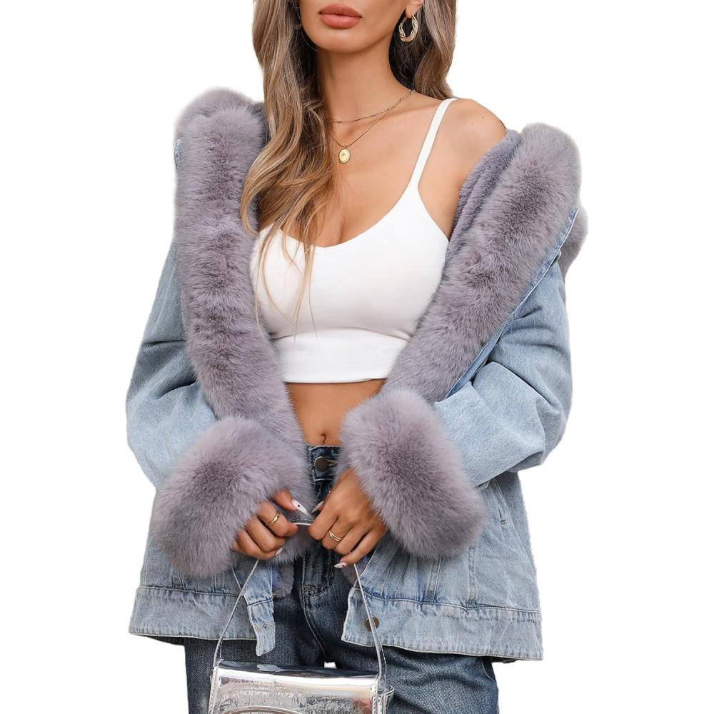 imageBellivera Women Twill Parka Jacket Winter Fashion Warm Long Hood Coat with Faux Fur CollarBlack Faux Fur Jean Outerwear