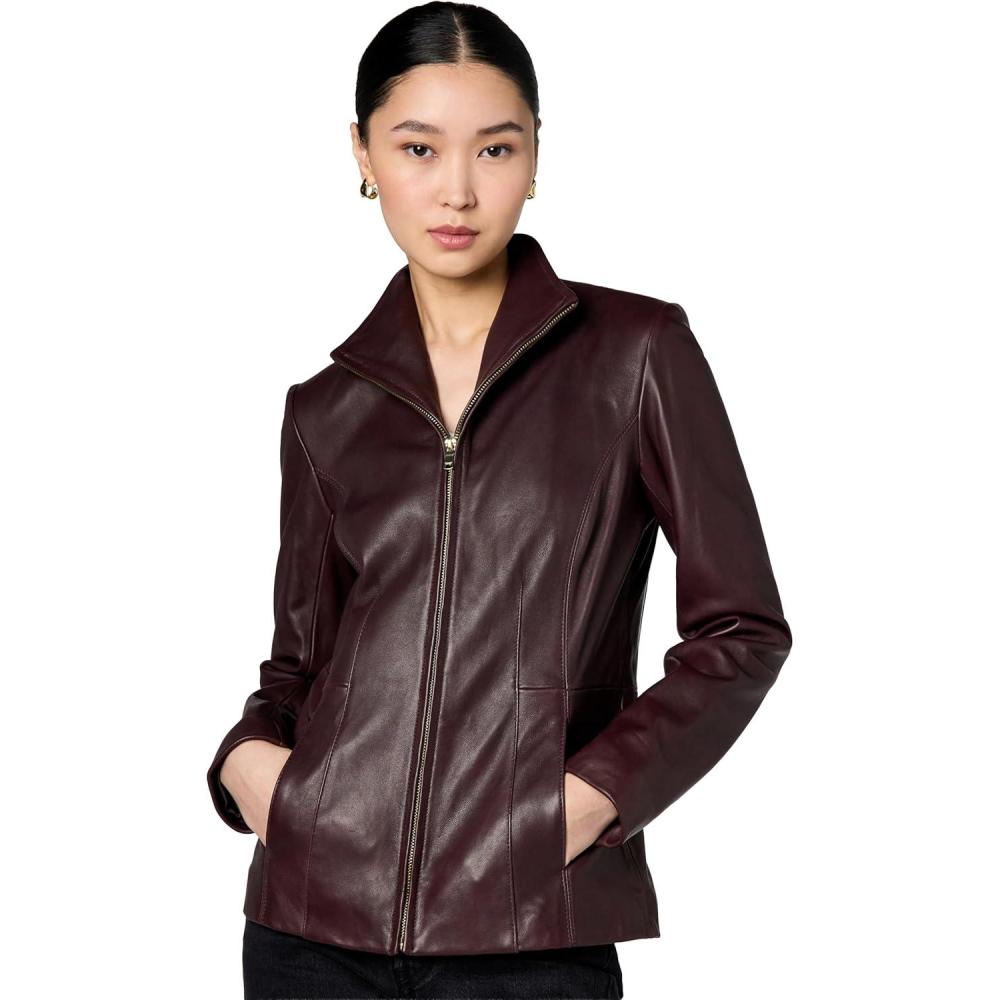imageCole Haan womens Fully Lined Wing Collar Leather CoatChianti