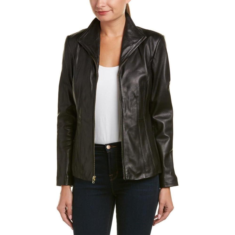 imageCole Haan womens Fully Lined Wing Collar Leather CoatDark Black