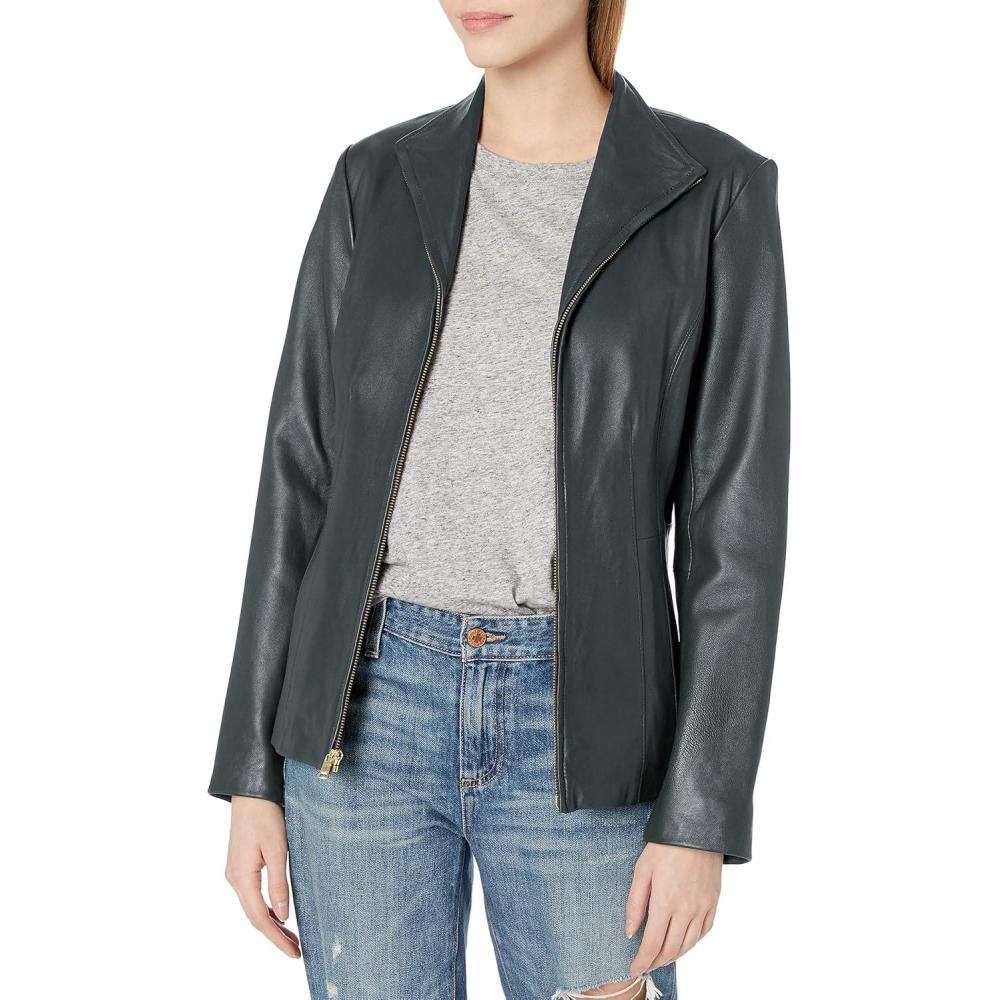 imageCole Haan womens Fully Lined Wing Collar Leather CoatEmerald