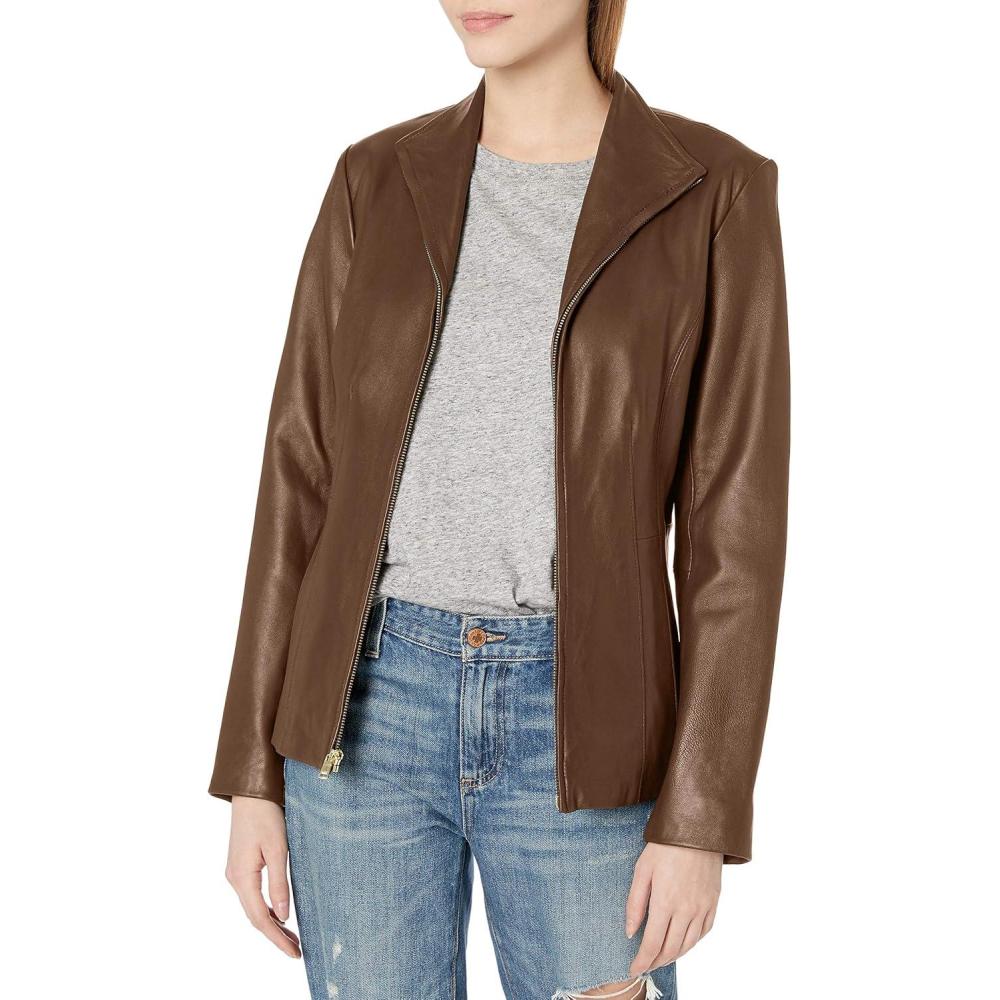 imageCole Haan womens Fully Lined Wing Collar Leather CoatHickory
