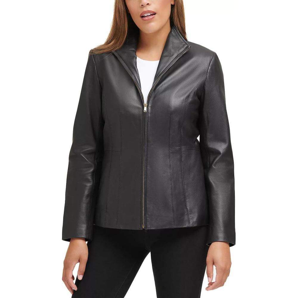 imageCole Haan womens Fully Lined Wing Collar Leather CoatTrue Black