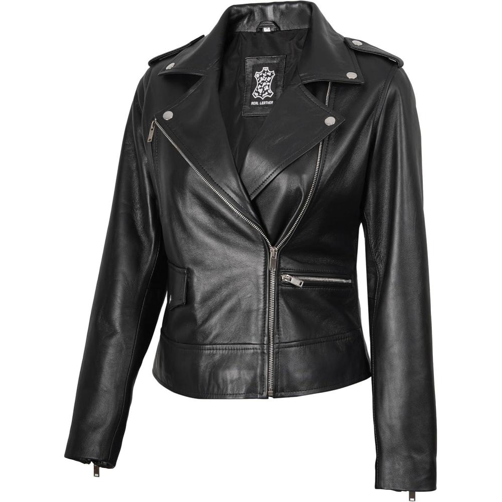 imageDecrum Womens Leather Jacket Asymmetrical Style Casual Leather Jackets for WomenAmber Black Leather Jacket