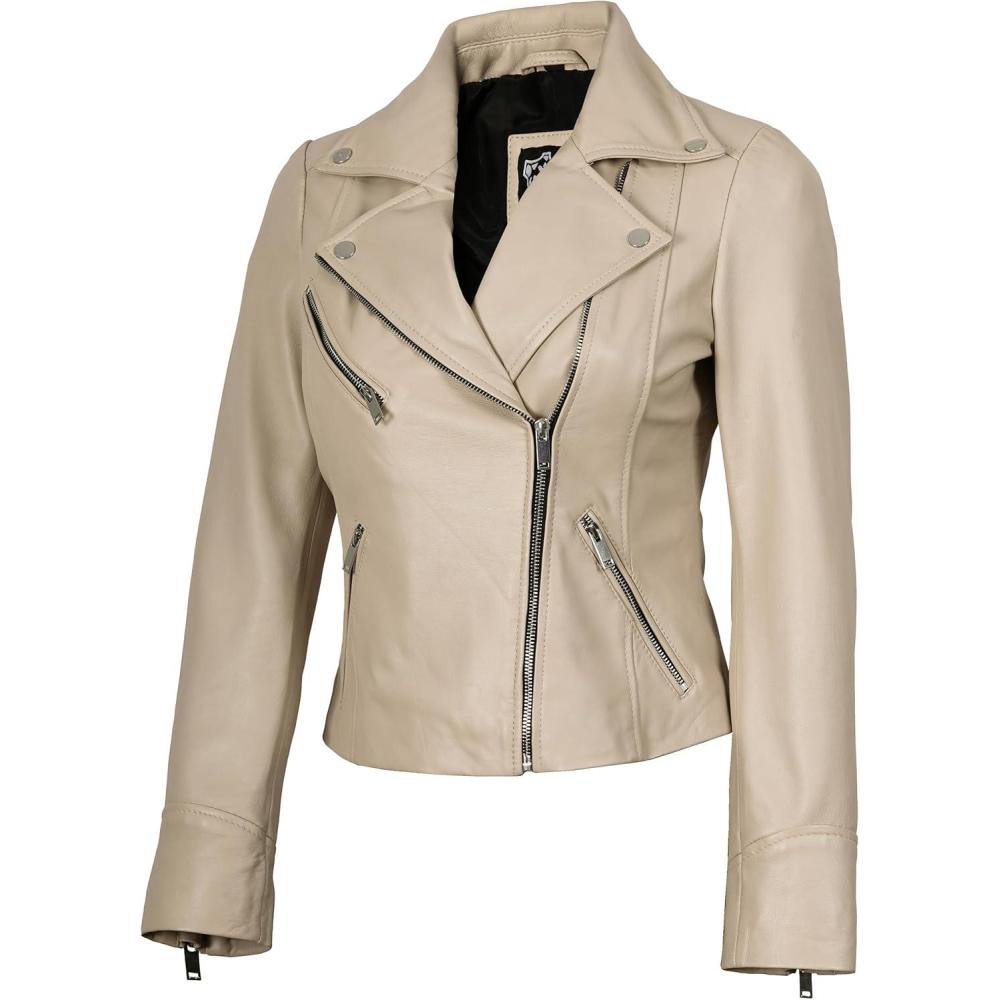 imageDecrum Womens Leather Jacket Asymmetrical Style Casual Leather Jackets for WomenBeige Ninfa Womens Leather Jacket