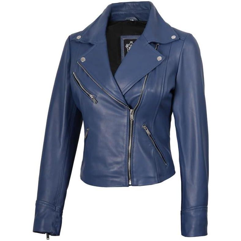 imageDecrum Womens Leather Jacket Asymmetrical Style Casual Leather Jackets for WomenBlue Ninfa Womens Leather Jacket