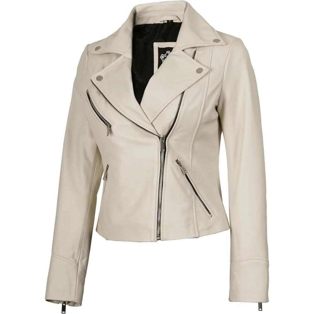 imageDecrum Womens Leather Jacket  Asymmetrical Style Casual Leather Jackets for WomenOff White  Ninfa Womens Leather Jacket
