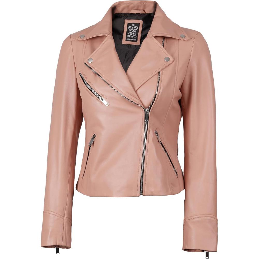 imageDecrum Womens Leather Jacket Asymmetrical Style Casual Leather Jackets for WomenPink Ninfa Womens Leather Jacket