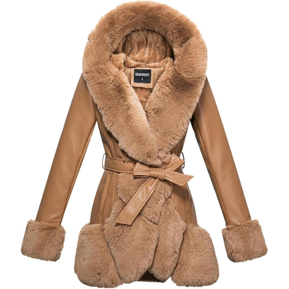 imageGRAN ORIENTE Womens Faux Leather Coat with Faux Fur CollarWinter Warm Belted Mid Length Trim Jacket Fur Lined with HoodA Light Camel