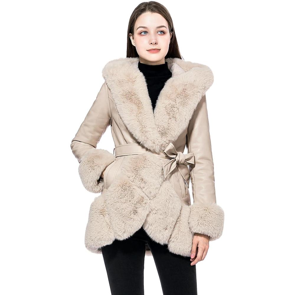 imageGRAN ORIENTE Womens Faux Leather Coat with Faux Fur CollarWinter Warm Belted Mid Length Trim Jacket Fur Lined with HoodApricot