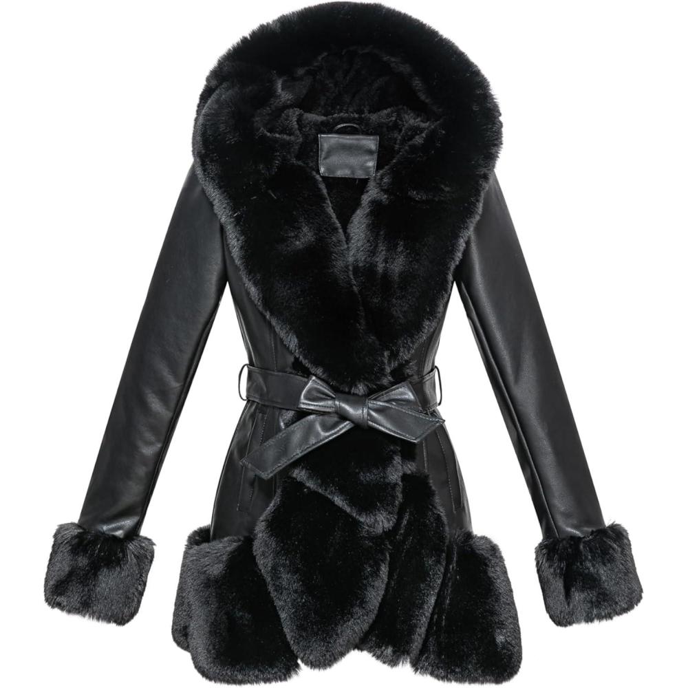 imageGRAN ORIENTE Womens Faux Leather Coat with Faux Fur CollarWinter Warm Belted Mid Length Trim Jacket Fur Lined with HoodBlack
