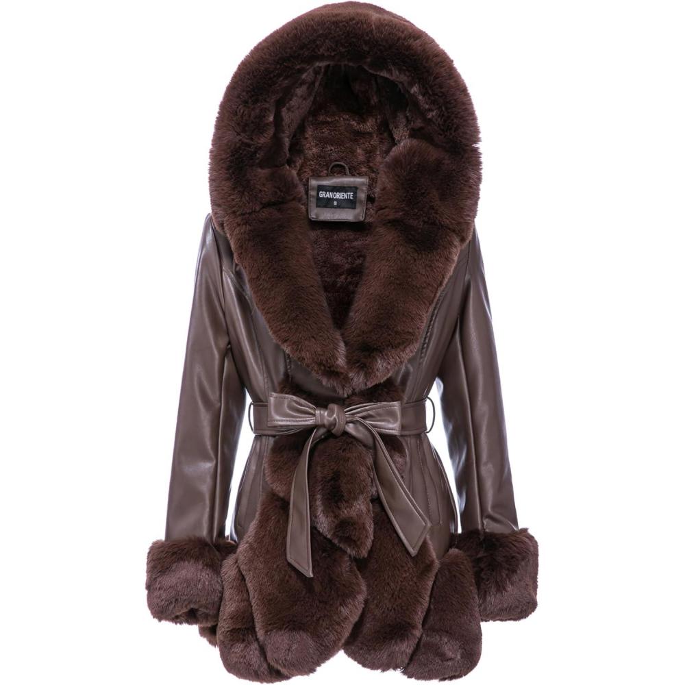 imageGRAN ORIENTE Womens Faux Leather Coat with Faux Fur CollarWinter Warm Belted Mid Length Trim Jacket Fur Lined with HoodBrown