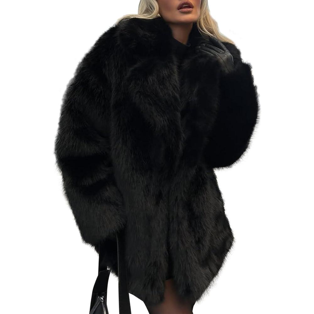 imageKissonic Womens Long Faux Fur Coat Lapel Shaggy Winter Jacket Luxury Warm Furry Open Front OuterwearBlack