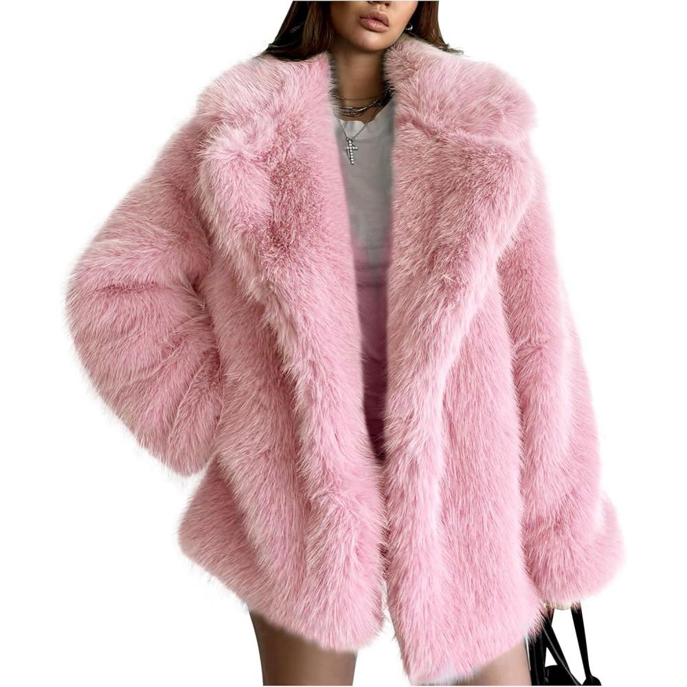 imageKissonic Womens Long Faux Fur Coat Lapel Shaggy Winter Jacket Luxury Warm Furry Open Front OuterwearPink