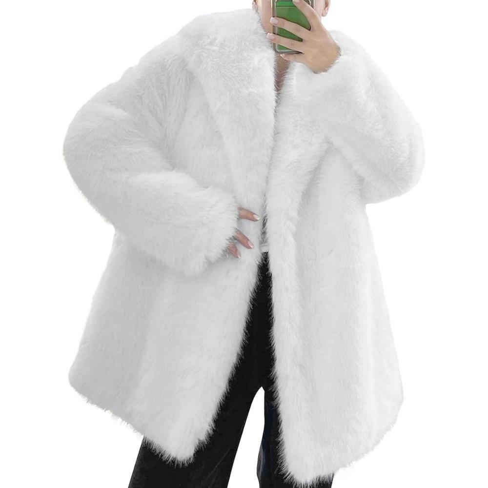 imageKissonic Womens Long Faux Fur Coat Lapel Shaggy Winter Jacket Luxury Warm Furry Open Front OuterwearWhite